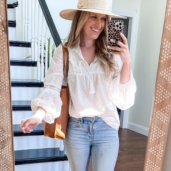 Boho gypsy long sleeve lantern puff sheer swiss dot white lace shirt tassel top - Picture 4 of 4